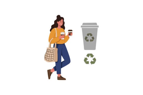 Woman Holding Coffee Cups Beside a Recyc